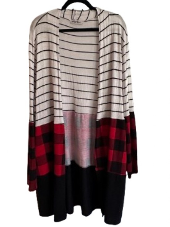 HEIMISH USA Sweaters - Striped & Buffalo Plaid Open Cardigan - Cream, Red, Black
